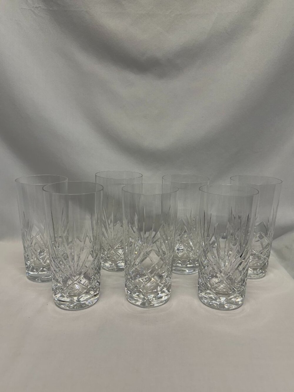 Cut Crystal Highball Glasses Set of 7 Vertical & Crosshatched Geometric Design